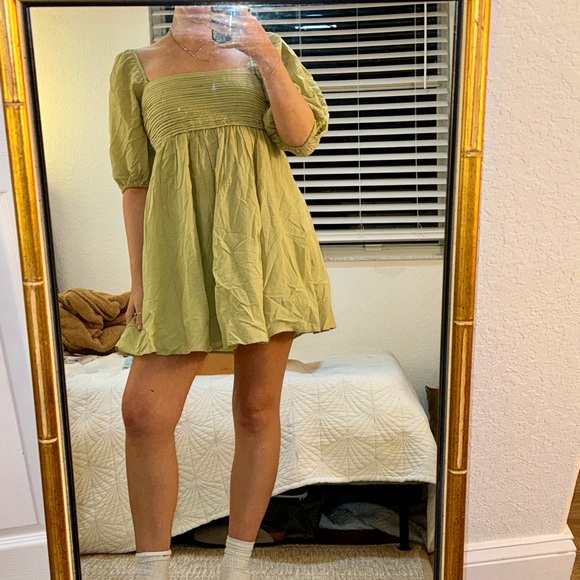 Abercrombie & Fitch Green Puff Sleeve Mini Babydoll Dress- Size Small - Picture 6 of 10